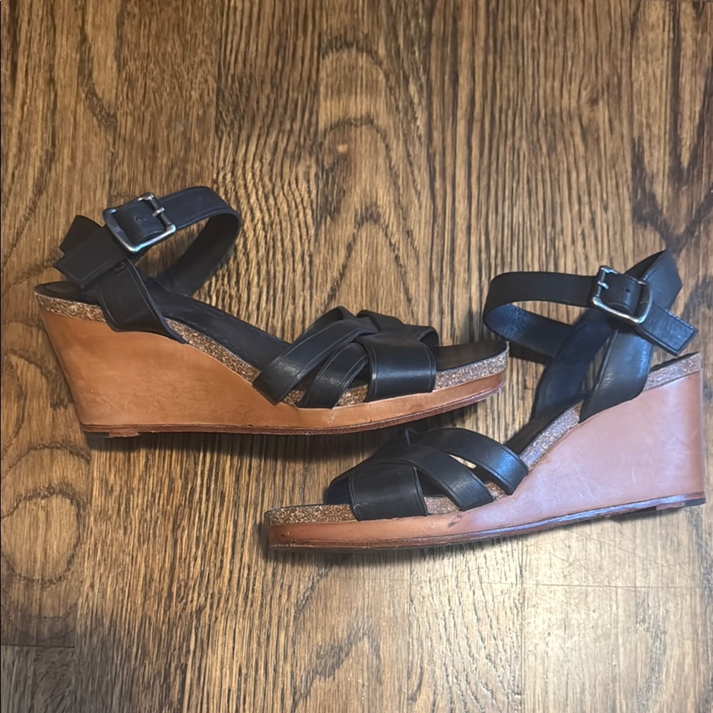 Frye Black and Tan Wedge Sandals